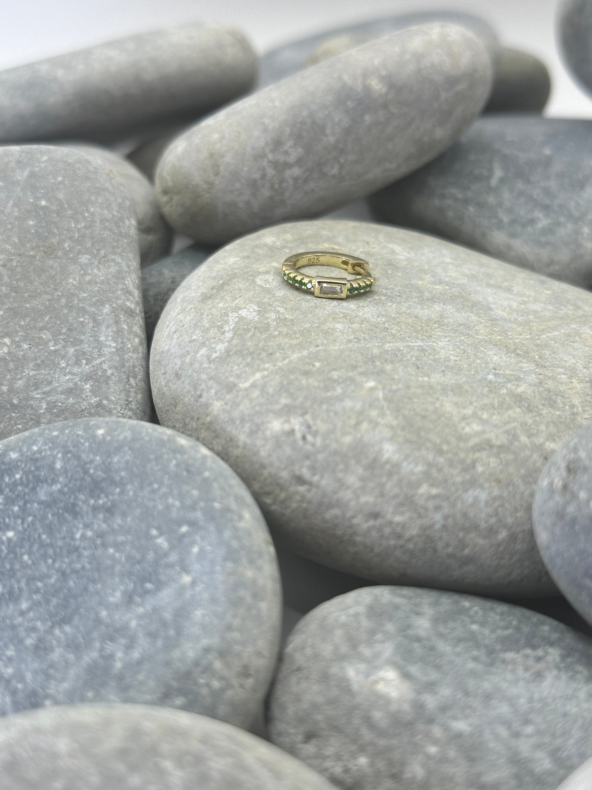 14k Yellow Gold Plated Baguette Huggie Hoop with Green Stone