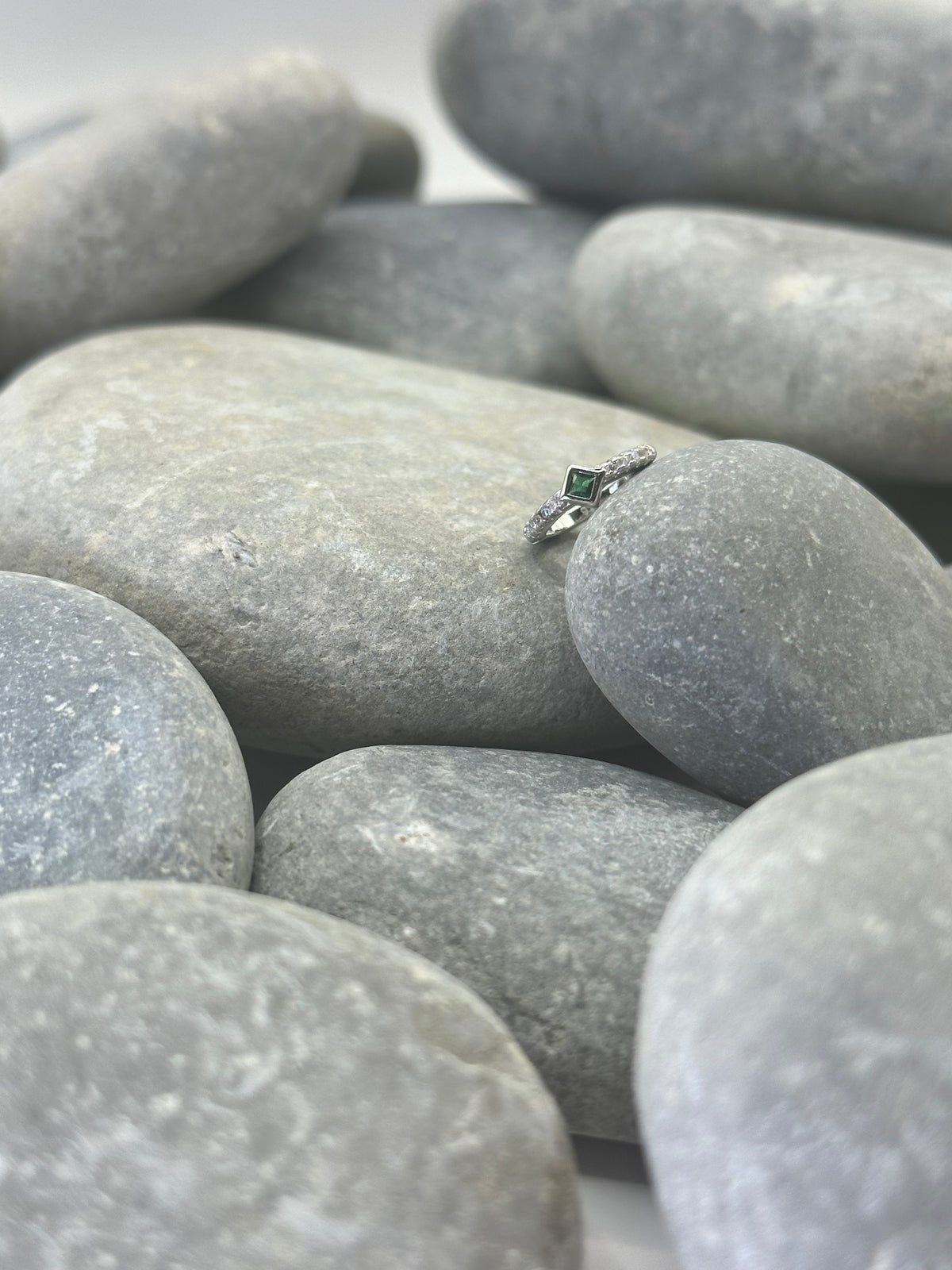 Platinum Plated Diamond Huggie Hoop with Green Stone